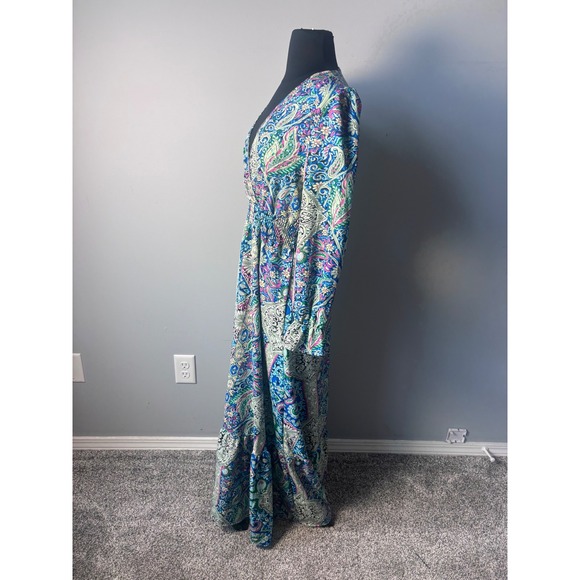 Boho Paisley Print V-Neck Maxi Dress Blue Purple Smocked Waist Tiered - Picture 7 of 12